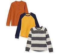 Amazon Essentials T-shirt thermique en maille à manches longues Garçon, Lot de 3, Gris Motif Rayures Rugby/Jaune Moutarde/Óxido, 9 ans