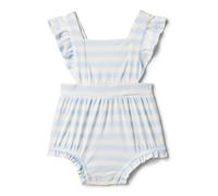 Amazon Essentials x Sofia Grainge Barboteuse à Volants sans Manches Bébé Fille, Bleu Pâle Rayures Audacieuses, 12 mois