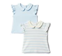 Amazon Essentials x Sofia Grainge Chemisiers à Manches Courtes et Volants en Coton Fille, Pacco da 2, Bleu Clair/Rayures, 2 ans