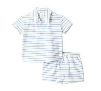 Amazon Essentials x Sofia Grainge Ensemble Décontracté en Piqué de Coton, Short et Chemise à Manches Courtes Garçon, Rayures Fines Bleues Inégales, 3 ans