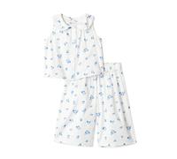 Amazon Essentials x Sofia Grainge Ensemble Décontracté Pantalon et Haut Sans Manches en Satin de Coton Fille, Motif floral bleu ivoire, 4 ans
