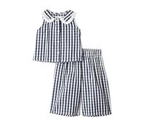 Amazon Essentials x Sofia Grainge Ensemble Décontracté Pantalon et Haut Sans Manches en Satin de Coton Bébé fille, Vichy bleu marine, 6-9 mois