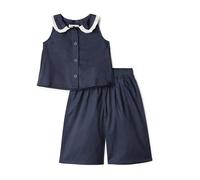 Amazon Essentials x Sofia Grainge Ensemble Décontracté Pantalon et Haut Sans Manches en Satin de Coton Fille, Bleu Marine, 3 ans