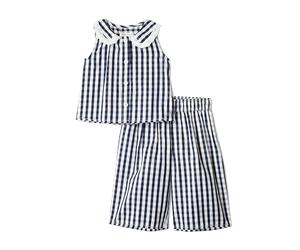 Amazon Essentials x Sofia Grainge Ensemble Décontracté Pantalon et Haut Sans Manches en Satin de Coton Bébé fille, Vichy bleu marine, 18 mois