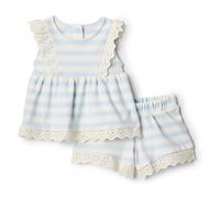 Amazon Essentials x Sofia Grainge Ensemble Décontracté Short et Haut à Œillets, en Coton Bébé fille, Bleu Pâle Larges Rayures, 18 mois