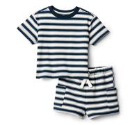 Amazon Essentials x Sofia Grainge Ensemble T-shirt et Short Décontracté Bébé garçon, Ivoire Bleu Marine Rayures, 3-6 mois