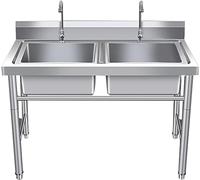 AMAZWI Évier de cuisine à double cuve en acier inoxydable avec robinet et égouttoir - Convient pour l'extérieur et l'intérieur - Garage - Cuisine - Buanderie