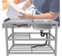 AMAZWI Évier de cuisine commercial en acier inoxydable autoportant avec robinet froid et chaud, support de table de travail multifonction pour extérieur, buanderie, jardin, garage, sous-sol (bol droit