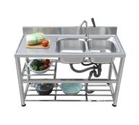 AMAZWI Éviers Deux Cuves avec Égouttoir Évier Cuisine Autoportant Acier Inoxydable,Lavabo For Poste Travail Commercial(Right double basin)