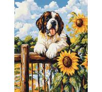 AMBATTERY Activité Manuelle Adulte Chien Saint-Bernard Et Fleurs De Tournesoltoile Imprimée Crochet Broderie DIY Tapis Coussin Tapis Tapisserie Kits De Tricot pour Adultes avec Instructions 35x46in