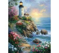 AMBATTERY Activité Manuelle Adulte Paysage De Phare en Bord De Mertoile Imprimée Crochet Broderie DIY Tapis Coussin Tapis Tapisserie Kits De Tricot pour Adultes avec Instructions 23x35in