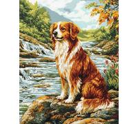 AMBATTERY Broderie Point de Croix Kit Complet, Des chiens au bord de la rivière Canevas Point de Croix kit Complet Pour Adultes Débutant,Broderie Point de Croix Imprimé Pour Décoration