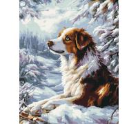 AMBATTERY Broderie Point de Croix Kit Complet, Des chiens sur la montagne enneigée Canevas Point de Croix kit Complet Pour Adultes Débutant,Broderie Point de Croix Imprimé Pour Décoration