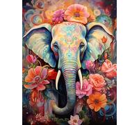 AMBATTERY Canevas Broderie Point de Croix Kit Complet, Fleurs et éléphants,J,40 * 50cm Kit Broderie Point de Croix Compté Pré Imprimé Débutant Adulte, Kit Canevas Avec Fils au Point de Croix