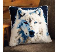 AMBATTERY DIY Kit Coussin A Crochet De Loquet Portrait Animalier Du Loup Blanckit De Crochet DIY Pour Coussin En Toile Imprimée，Broderie，Taie D'Oreiller，Tapis Latch Hook Kits 17x17in