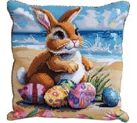 AMBATTERY DIY Kits De Crochet Lapins,Animaux Et Œufs De Pâquesensemble De Coussins À Loquets，Kit De Nouage，Kits De Loisirs Créatifs，Tapisserie Pour Débutants Pour Canapé，Décoration Intérieure 17x17in