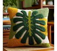 AMBATTERY DIY Loquet Crochet Kit Complet Housse de Coussin, Feuilles vertes Kit De Coussin À Loquet,Kits Tapis Point Noué,Loquet Crochet Pour Débutants,43x43cm