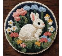 AMBATTERY Diy Tapis Kit Crochet Debutant Lapins et fleurs Kit De Tapis Au Crochet, Coussin Faits Main Avec Pré-Impression，Cadeau Artisanal 3D À Faire Soi-Même 50x50cm