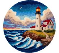 AMBATTERY Diy Tapis Kit Crochet Debutant Phare en bord de mer Kit De Tapis Au Crochet, Coussin Faits Main Avec Pré-Impression，Cadeau Artisanal 3D À Faire Soi-Même 50x50cm