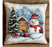 AMBATTERY Kit Coussin Au Point De Croix, Bonhomme de neige de Noël en hiver Coussin à Broder Artisanal 45X45cm Coussin Brodé avec Fil et Aiguille à Broder Kit Broderie Point De Croix Coussin