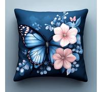 AMBATTERY Kit Coussin Au Point De Croix, Papillons et fleurs bleus Coussin à Broder Artisanal 45X45cm Coussin Brodé avec Fil et Aiguille à Broder Kit Broderie Point De Croix Coussin