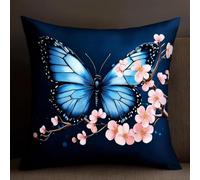 AMBATTERY Kit Coussin Au Point De Croix, Papillons et fleurs bleus Coussin Décoratif Brodé 45X45cm Coussin Brodé avec Fil et Aiguille à Broder Kit De Broderie Au Point De Croix Pré-Imprimé