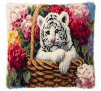 AMBATTERY Kit Crochet de Verrouillage Animaux, tigre blanc et fleurs Kit de Coussin à Loquet Kits Tapis Point Noué à Faire pour Débutants, Latch Hook Canevas Coussin Point 43x43cm