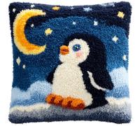 AMBATTERY Kit Crochet de Verrouillage Les pingouins et la lune Kit de Coussin à Loquet Kits Tapis Point Noué à Faire pour Débutants, Latch Hook Canevas Coussin Point 43x43cm