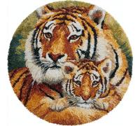 AMBATTERY Kit de Tapis de Crochet à Point Noué Set, animal tigre Tapis à Point noué Loquet Bricolage,Nouer Création de Crocher pour Adultes,50x50cm