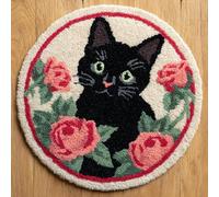 AMBATTERY Kit de Tapis de Crochet à Point Noué Set, Chats et fleurs Tapis à Point noué Loquet Bricolage,Nouer Création de Crocher pour Adultes,50x50cm