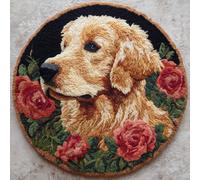 AMBATTERY Kit de Tapis de Crochet à Point Noué Set, Chiens et fleurs Tapis à Point noué Loquet Bricolage,Nouer Création de Crocher pour Adultes,50x50cm