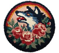 AMBATTERY Kit de Tapis de Crochet à Point Noué Set, loups et fleurs Tapis à Point noué Loquet Bricolage,Nouer Création de Crocher pour Adultes,50x50cm