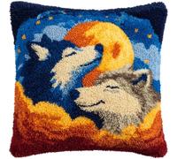 AMBATTERY Kit Point Noué à Faire, Deux loups Coussin 43x43cm Kit Crochet De Verrouillage,Latch Hook Canevas Coussin,Loquet Crochet Pour Débutants