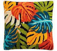 AMBATTERY Kit Point Noué à Faire, Feuilles de dessin animé Coussin 43x43cm Kit Crochet De Verrouillage,Latch Hook Canevas Coussin,Loquet Crochet Pour Débutants