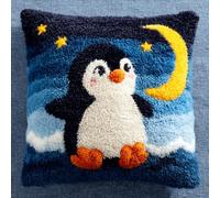 AMBATTERY Kit Point Noué à Faire, Les pingouins et la lune Coussin 43x43cm Kit Crochet De Verrouillage,Latch Hook Canevas Coussin,Loquet Crochet Pour Débutants