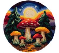 AMBATTERY Kits de Crochet de Loquet Champignon de dessin animé Point de Croix,Kit Tapis Point Noué à Faire,Latch Hook Kit de Tapisserie pour Adultes,Débutants,50x50cm