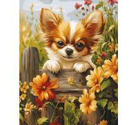 AMBATTERY Punch Needle Kit Adulte Chihuahua Chien Animal Et Fleurskit De Tapis À Crochet De Loquet Fabrication,Tapisserie DIY pour La Décoration Intérieure Ensemble Adole 21x29in