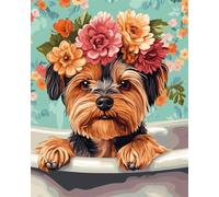 AMBATTERY Punch Needle Kit Adulte Yorkshire Terrier Animaux Et Fleurskit De Tapis À Crochet De Loquet Fabrication,Tapisserie DIY pour La Décoration Intérieure Ensemble Ad 31x63in