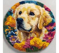 AMBATTERY Rond Kit De Tapis À Crochet Diy Pour Adultes Chiens et fleurs 50x50cm Fabrication De Tapis Noué Avec Bouton - Décoration De La Maison