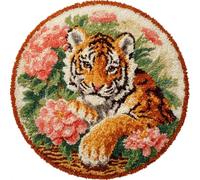 AMBATTERY Rond Kit De Tapis À Crochet Diy Pour Adultes Tigres et fleurs 50x50cm Fabrication De Tapis Noué Avec Bouton - Décoration De La Maison