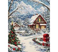 AMBATTERY Tapis Noué A Faire Paysage De Cabane De Neige Kits De Tapis De Sol À Faire Soi-Même，avec Toile Pré-Imprimée Colorée，Tapis Brodé À La Main Kit Tapis Point Noué À Faire 31x45in