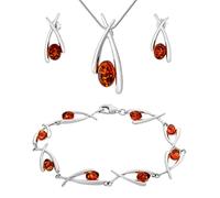 AMBEDORA Amber 091 Parure pour femme en argent sterling avec pendentif en ambre de la Baltique Cognac avec chaîne et boucles d'oreilles, Argent sterling, Ambre