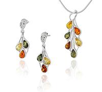 AMBEDORA Amber 458 Parure de bijoux pour femme avec collier et boucles d'oreilles en ambre de la Baltique multicolore Argent sterling 925 Idée cadeau, Argent sterling, Ambre