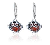 AMBEDORA Boucles d'oreilles hibou avec ambre oxydé et ambre de la Baltique couleur cognac, Argent sterling, Ambre