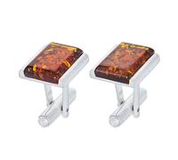AMBEDORA, Boutons de Manchette en Ambre Argenté Pour Hommes, Forme Moderne, Ambre Naturel Cognac, Ensemble Cadeau Prêt à L'emploi
