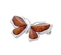 AMBEDORA Broche Femme en Argent avec Petit Papillon et Ambre, Argent Sterling Poli, Ambre Baltique de Couleur Cognac