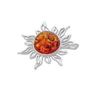 AMBEDORA Broche Soleil en Argent avec Ambre, Argent Sterling Poli, Ambre Baltique Naturel de Couleur Cognac