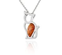 AMBEDORA Collier chat origami 2 en argent sterling 925, ambre de la Baltique de couleur cognac, pendentif en argent avec chaîne