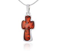 AMBEDORA Collier Croix avec Ambre, Argent Sterling Poli, Ambre Baltique de Couleur Cognac, Pendentif en Argent Croix Ambre R avec Chaîne