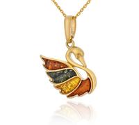 AMBEDORA Collier de Cygne avec Ambre, Argent Sterling Plaqué or, Ambre Naturel Multicoloré de la Baltique, Pendentif Plaqué or avec Chaîne